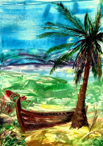 油画木船椰树图片