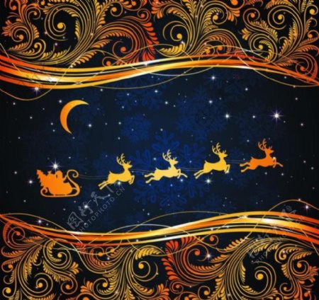 金色花纹线条圣诞鹿背景图片