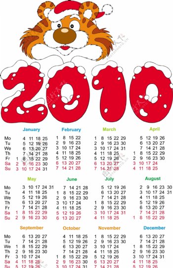 2010日历和可爱的老虎矢量