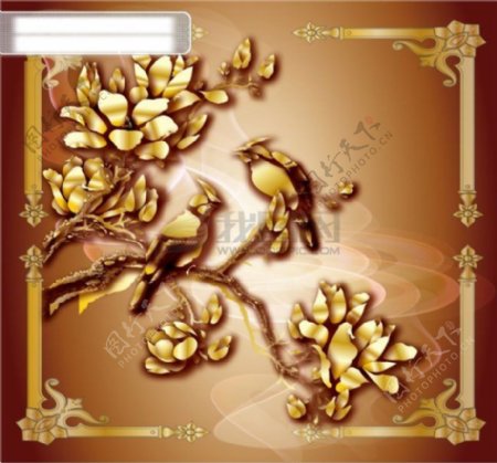 华丽金色花纹与植物飞鸟矢量素材