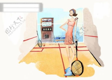 HanMaker韩国设计素材库背景漫画卡通淡彩人物女人运动网球