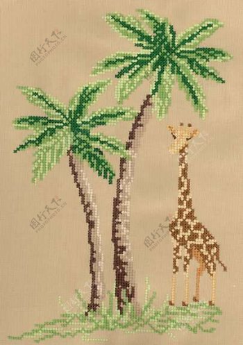 绣花动物长颈鹿椰子树家纺免费素材