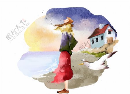 HanMaker韩国设计素材库背景漫画卡通淡彩人物女人海边海鸥舒适享受悠闲