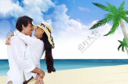 浪漫海滩外国情侣PSD图片素