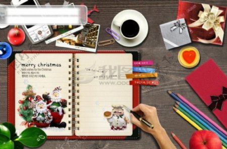 HanMaker韩国设计素材库背景图片卡片礼物祝福圣诞本子笔物品照片咖啡叶子