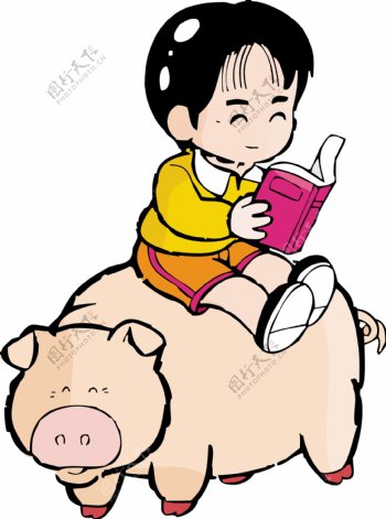 坐在猪上面看书的小女孩