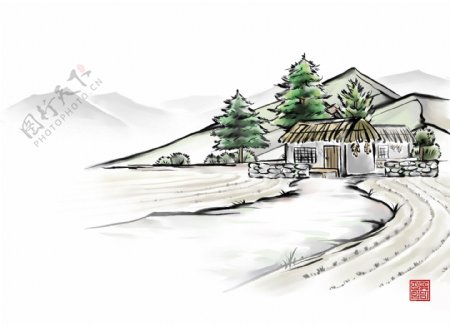 HanMaker韩国设计素材库背景水墨绘画道路房屋