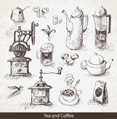 素描咖啡茶水图片