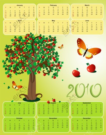 2010棵苹果树蝴蝶主题日历模板矢量素材