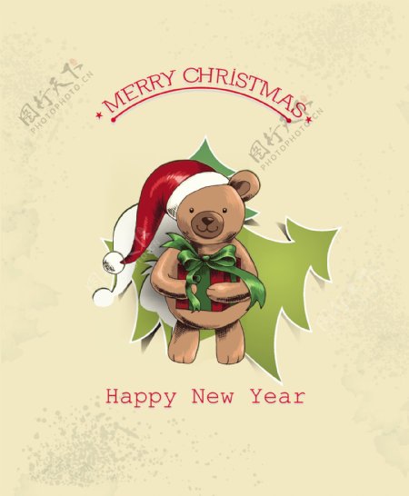 圣诞节插画矢量与圣诞树和泰迪熊