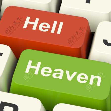 天堂与地狱的电脑钥匙表现出善与恶之间在线选择