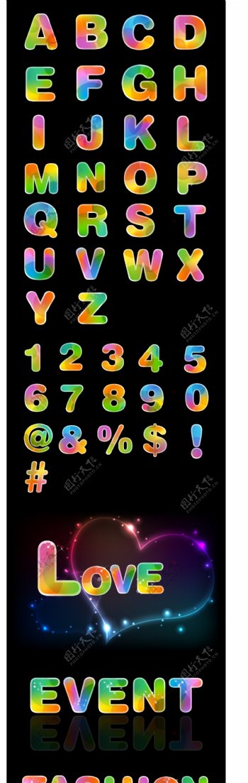 彩虹色英文字母和数字矢量素材