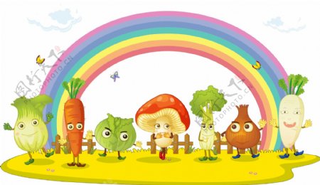矢量可爱蔬菜彩虹背景素材