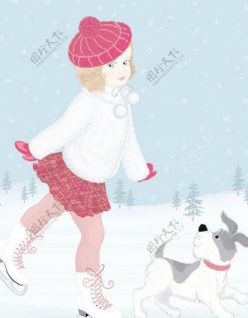 冬天的小女孩可爱的狗设计矢量图02