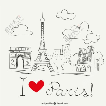手绘巴黎著名建筑矢量素材图片