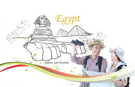 埃及金字塔和看地图的老人