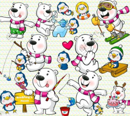 可爱的卡通北极熊企鹅psd分层素材