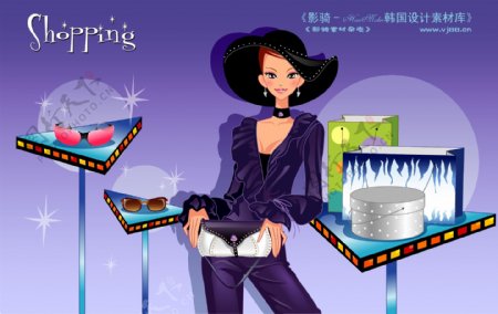 时尚购物女孩逛街卡通美女矢量素材矢量图片HanMaker韩国设计素材库