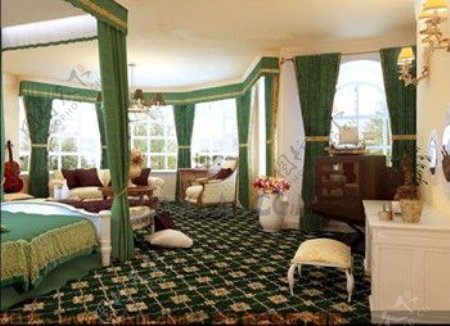 欧洲风格的绿色空间大的卧室