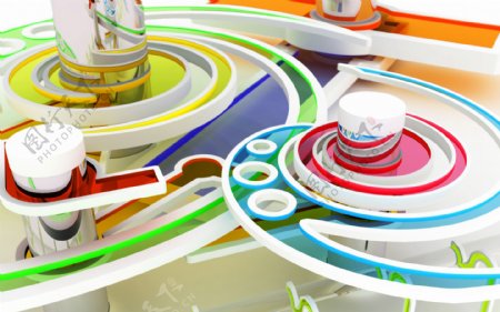 齿轮圆柱色彩绚烂3D三维立体科幻广告电脑设计图片
