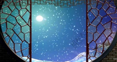 月光雪景古典窗棂戏曲动态素材