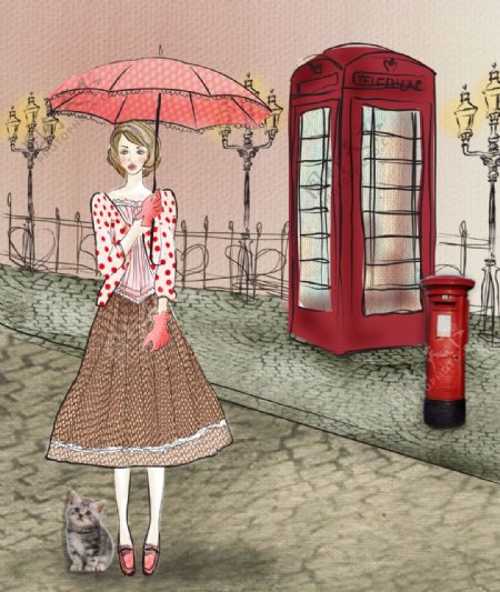 手绘雨中电话亭旁打伞的美女
