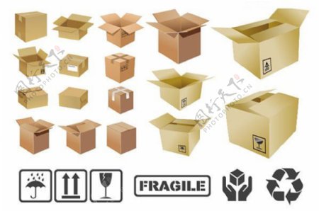 立体纸箱和常见纸箱标志矢量素材