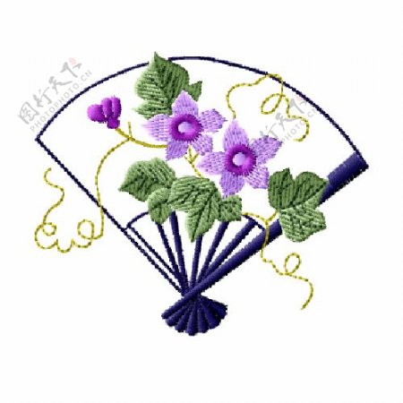 绣花植物花朵叶子扇子免费素材