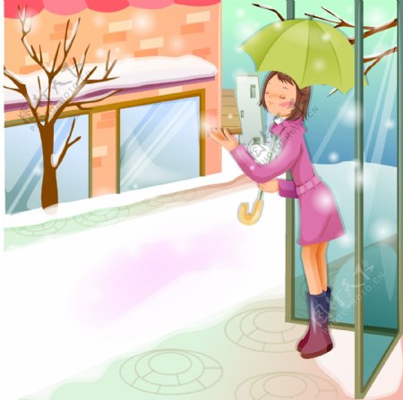 站在窗外撑着伞的女孩矢量素材