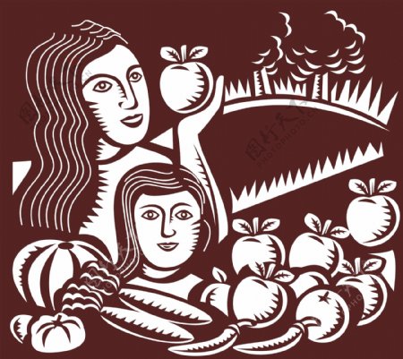 女人和孩子拿苹果的水果蔬菜