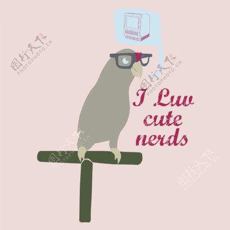 印花矢量图T恤图案图文结合可爱动物鹦鹉免费素材