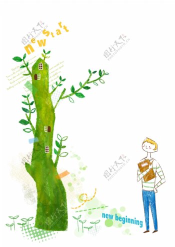 绿色大树和拿着书本的男孩