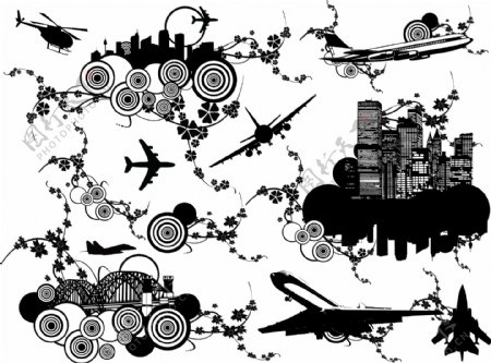 矢量飞机飞机剪影建筑物剪影建筑花纹装饰元素eps