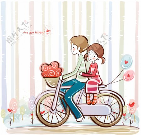 卡通娃娃约会幸福单车出游