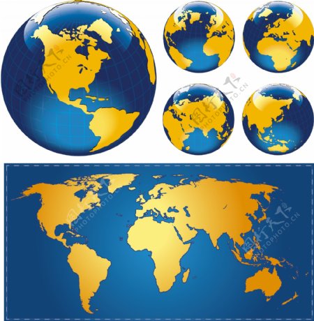 三的地球模型和世界地图矢量素材