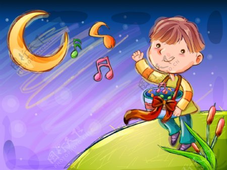 童年卡通插画对月亮唱歌的小男孩