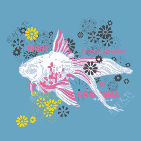 印花矢量图T恤图案海洋动物金鱼植物免费素材