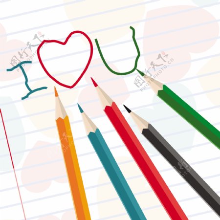 手工绘制的我爱你的信息和彩色铅笔矢量笔记本纸