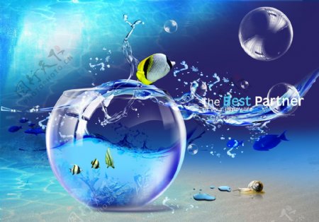 蓝色梦幻创意设计PSD分层模板金罐水珠蜗牛创意设计