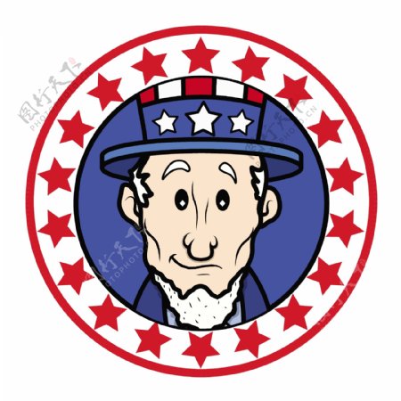 爱国的美国主题的圆形设计与亚伯拉罕林肯戴帽子的叔叔山姆矢量