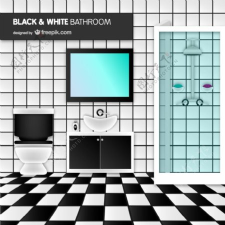 黑白拼色浴室设计矢量素材
