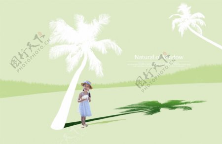 抽象椰树下的小女孩