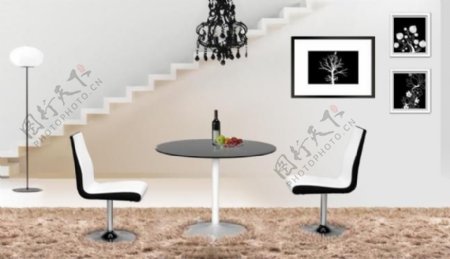 室内场景餐桌餐椅壁画楼梯地毯吊灯落地灯咖啡色黑白系列图片