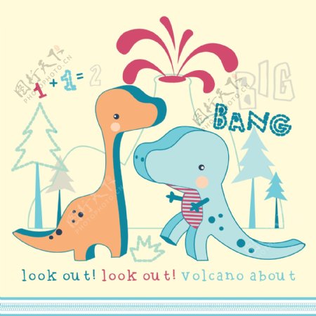 印花矢量图可爱卡通卡通动物恐龙火山免费素材