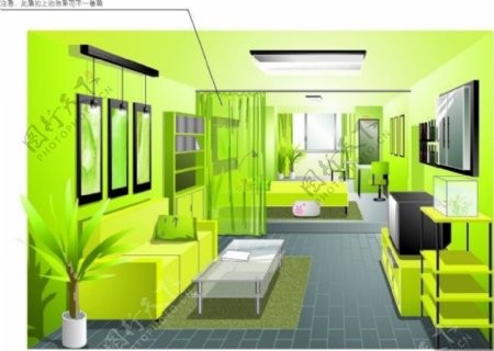 绿色主题室内效果图矢量素材