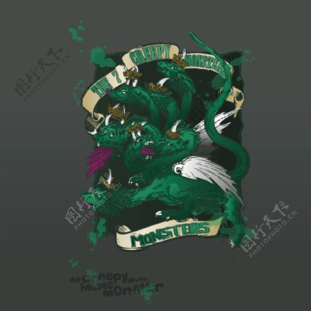 印花矢量图T恤图案动物恐龙色彩免费素材