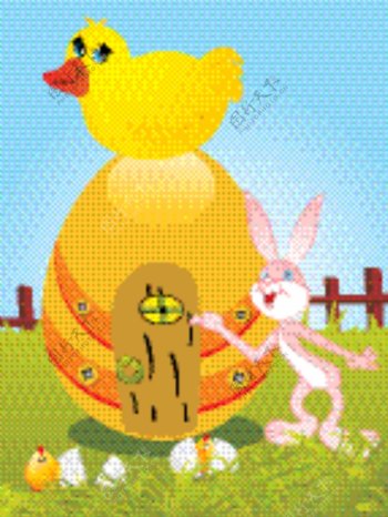 可爱的鸭子坐在蛋花样的家