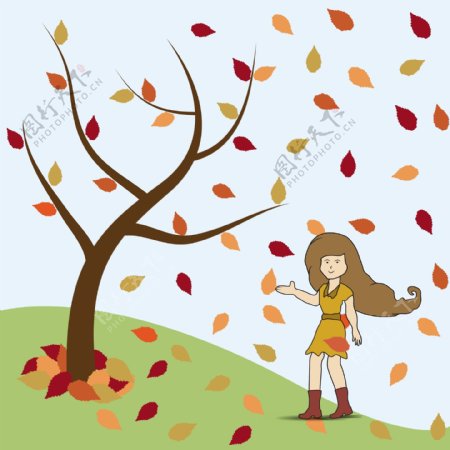 树下的年轻女孩站在秋季