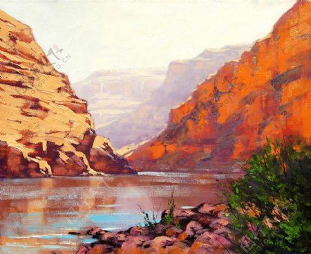 油画峡谷河流图片