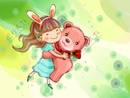 童年卡通插画抱小熊的小女孩